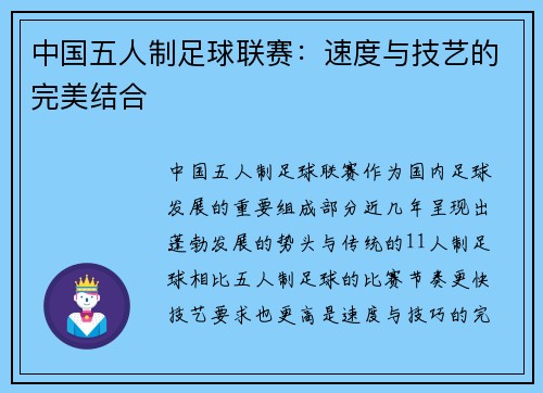 中国五人制足球联赛：速度与技艺的完美结合