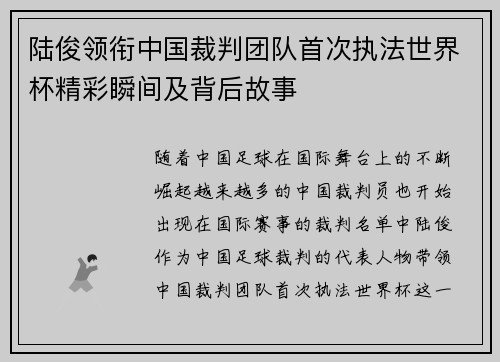 陆俊领衔中国裁判团队首次执法世界杯精彩瞬间及背后故事